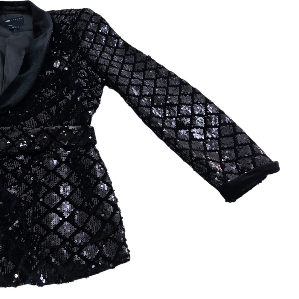 ASOS Design Suit Mens 38/31 Black Sequin Velvet Shawl Lapel Belted Luxury Disco - Picture 6 of 16